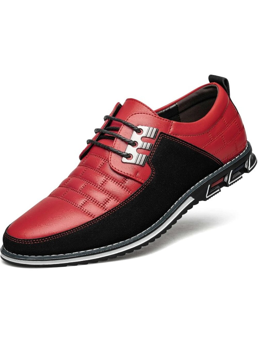 Men's Red Plaid Embossed Grid Leather Comfortable Hybrid Oxford Dress Sneakers